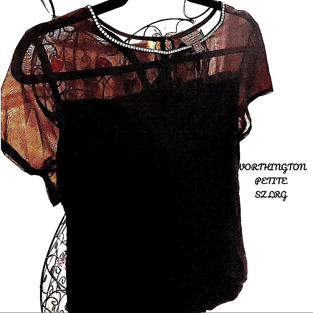 NWOT WORTHINGTON PETITE LARGE RHINESTONE NECKLINE, SHEER SHOULDERS/SLEEVES, - Picture 1 of 13